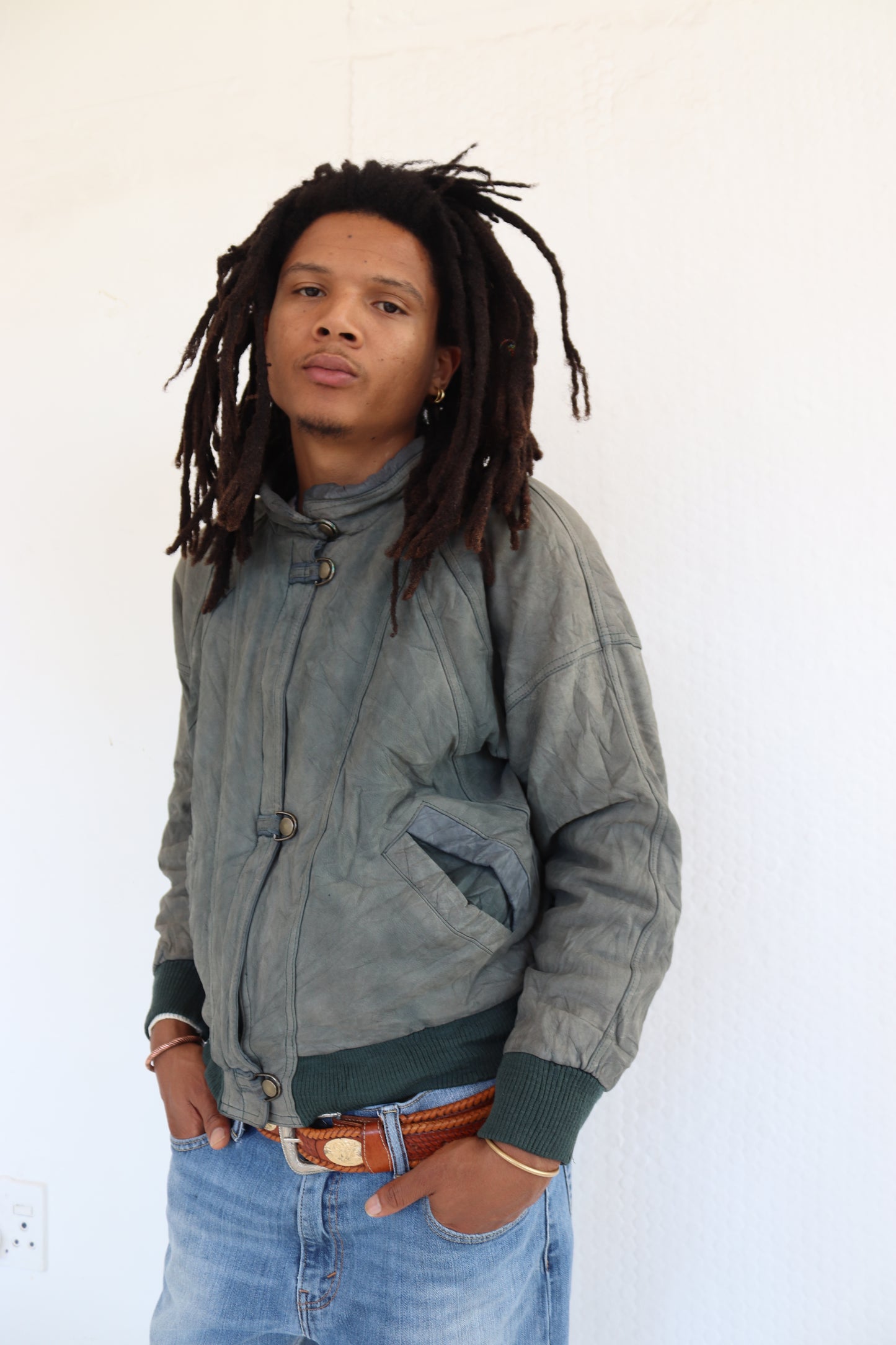 Grey Leather Bomber Jacket