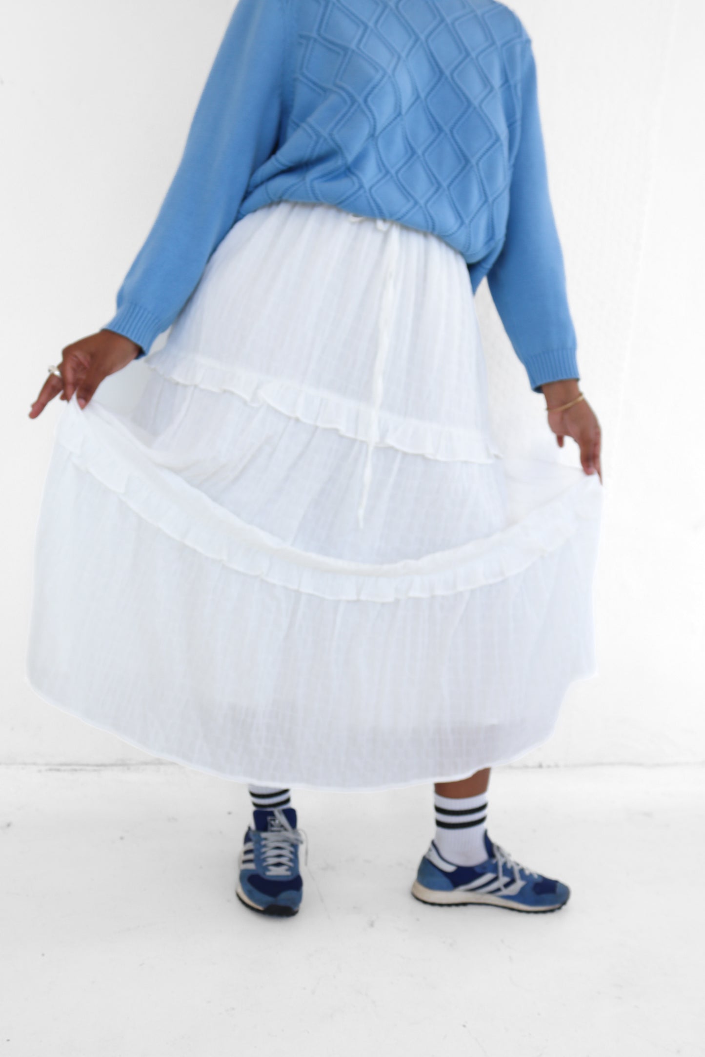 White Ruffle Tier Maxi Skirt