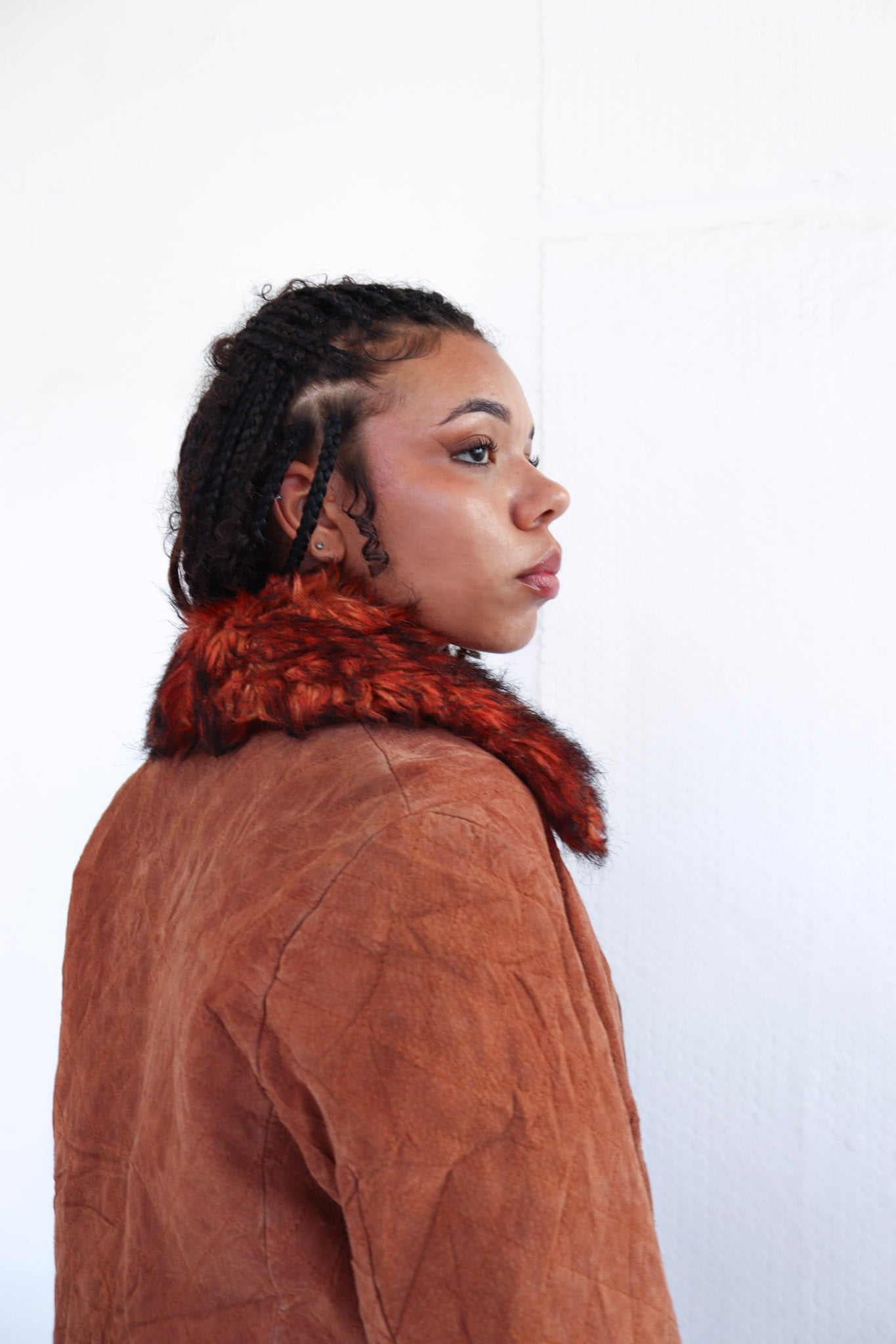 Orange Fur Trim Leather Coat
