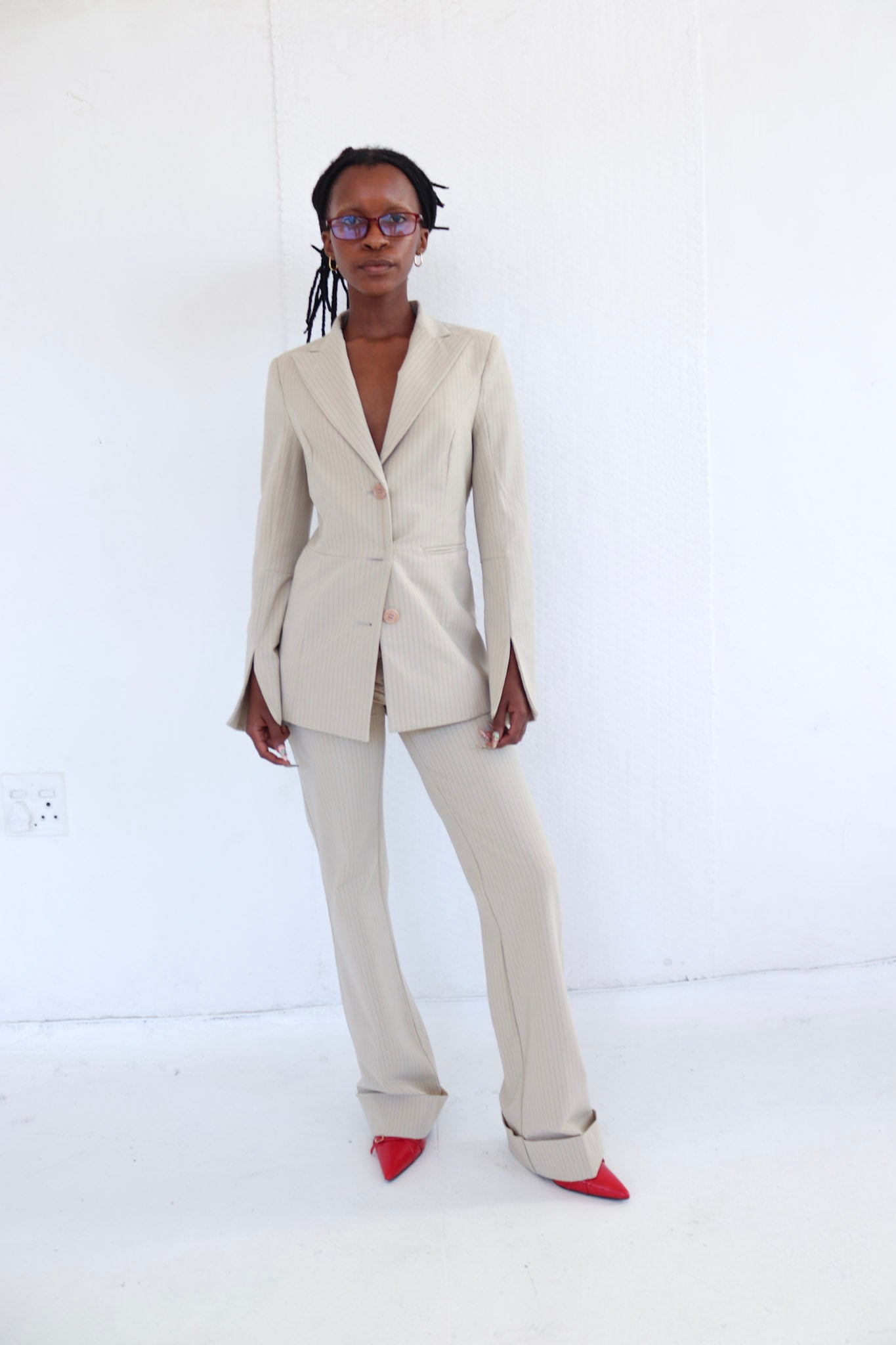 Beige Pinstripe Suit Set