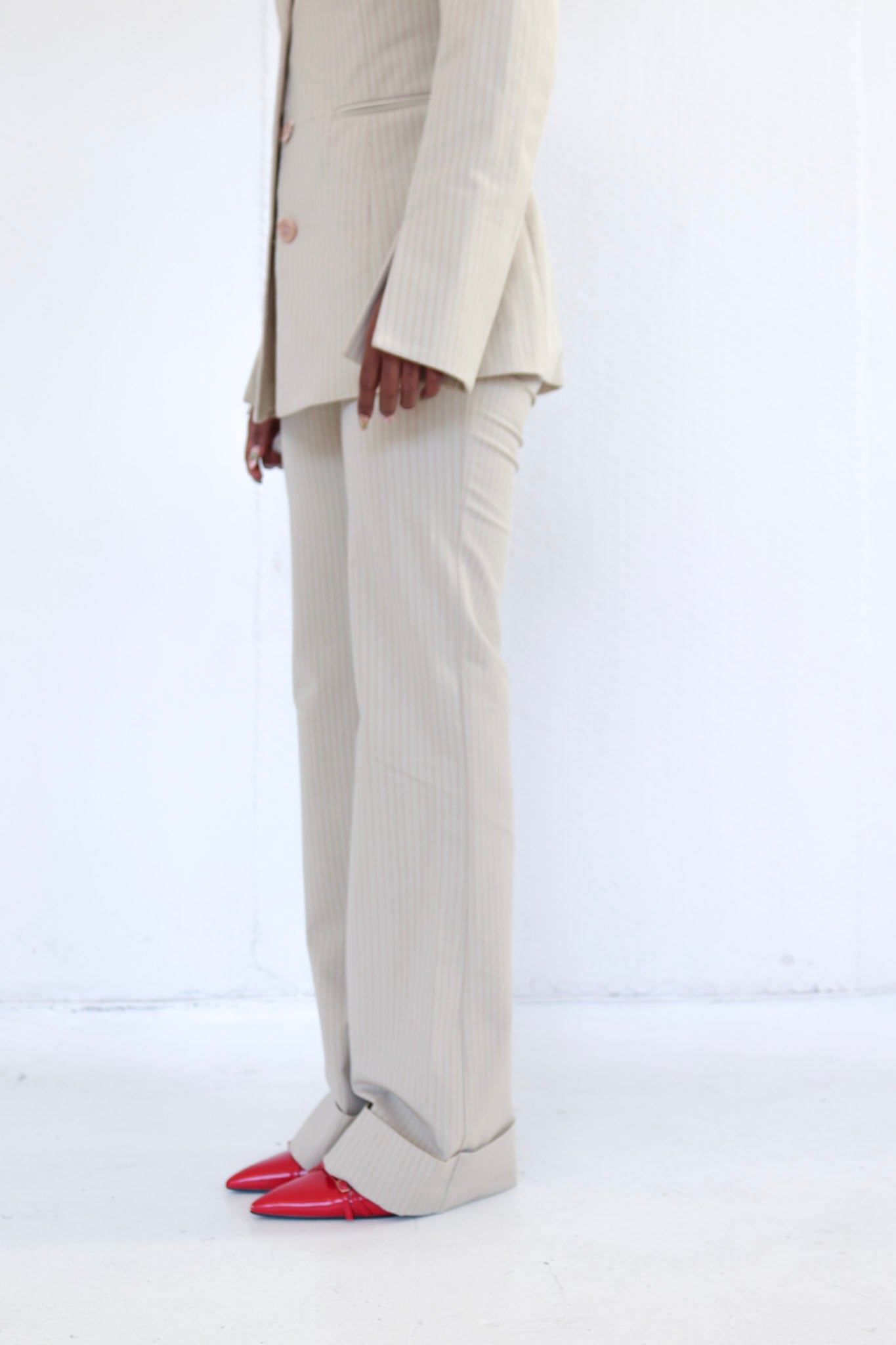 Beige Pinstripe Suit Set