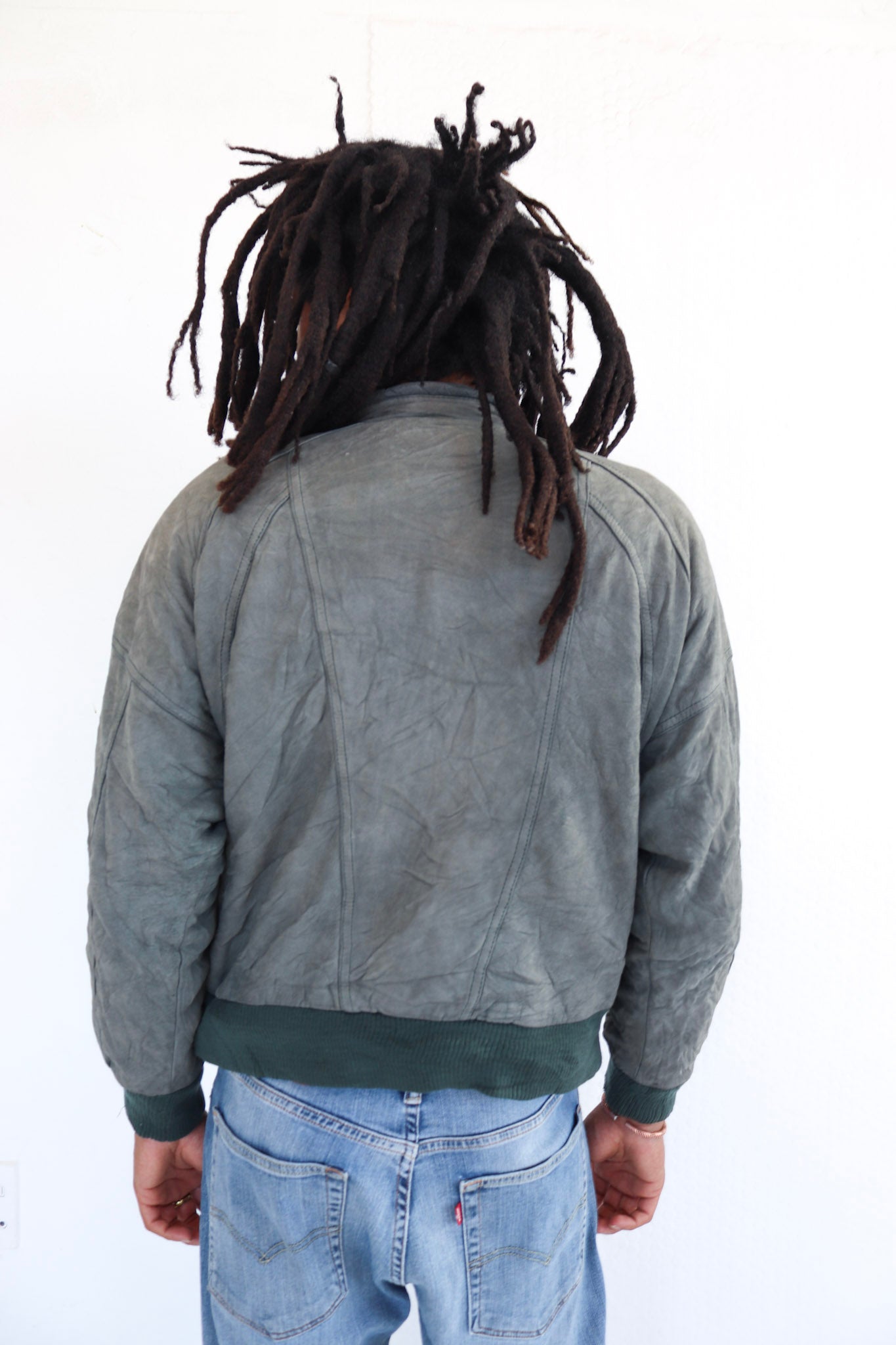 Grey Leather Bomber Jacket