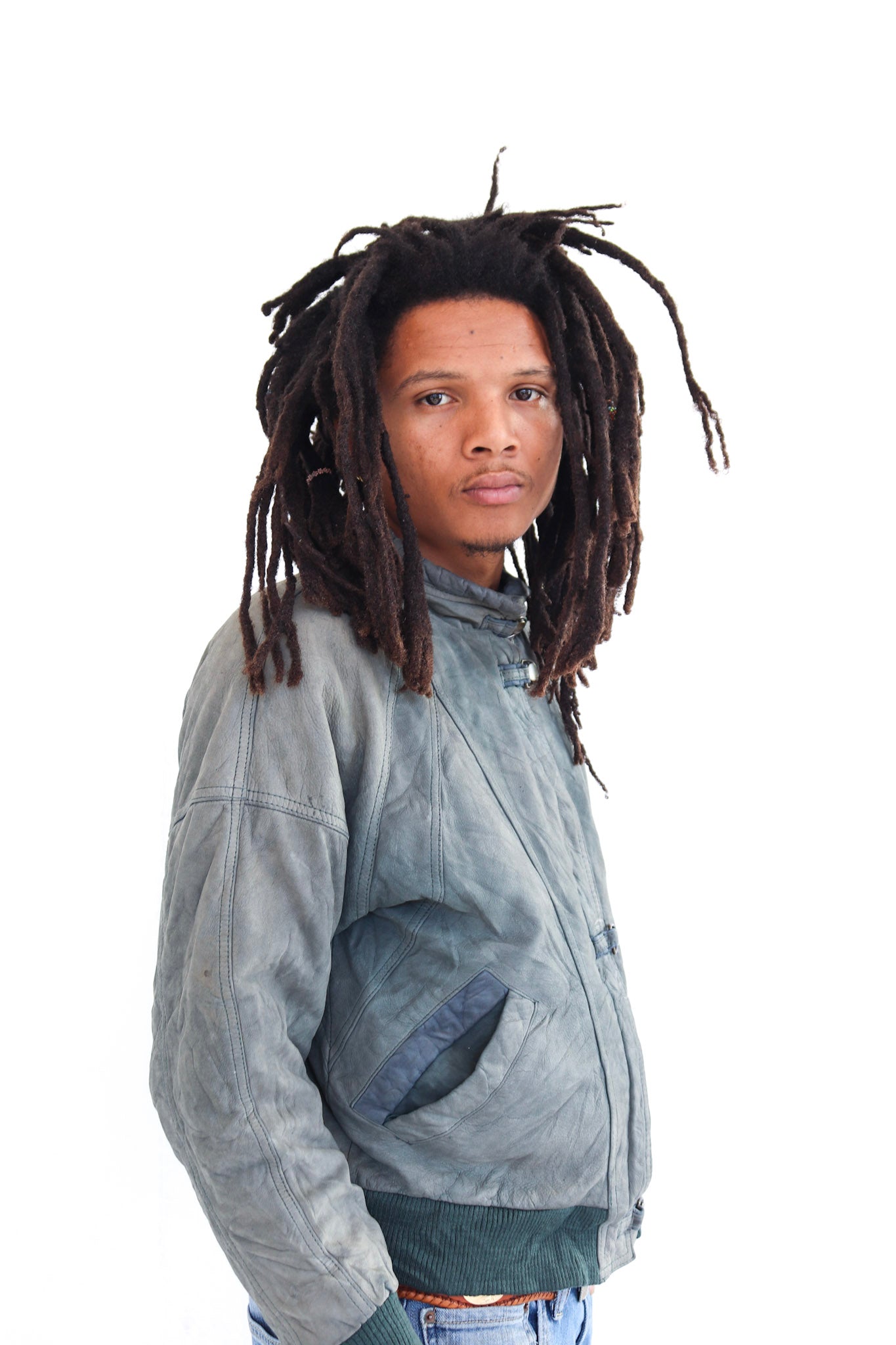 Grey Leather Bomber Jacket