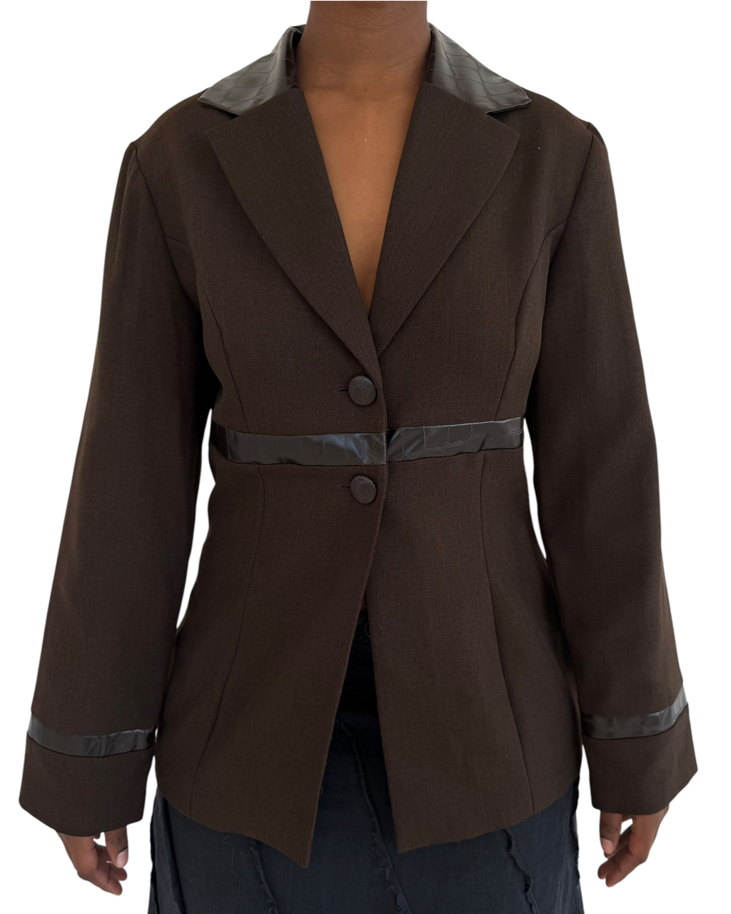 Brown Pleather Trim Blazer
