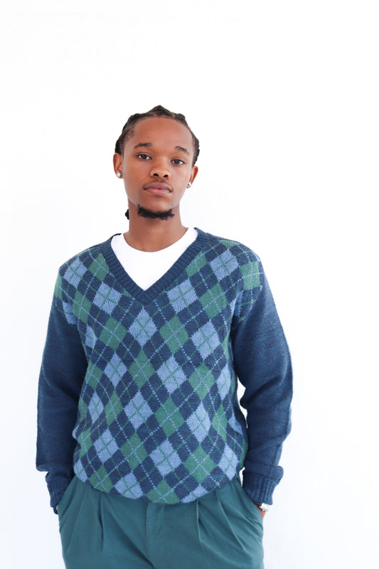 V-neck Blue Argyle Jersey