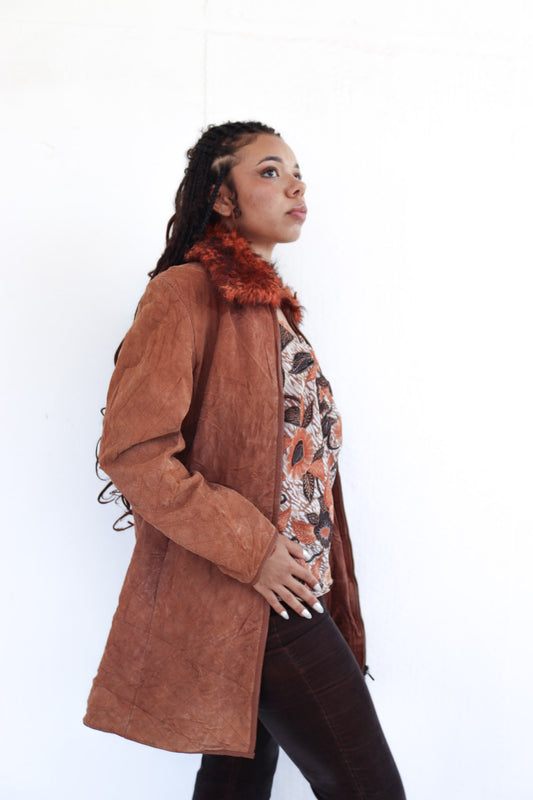 Orange Fur Trim Leather Coat