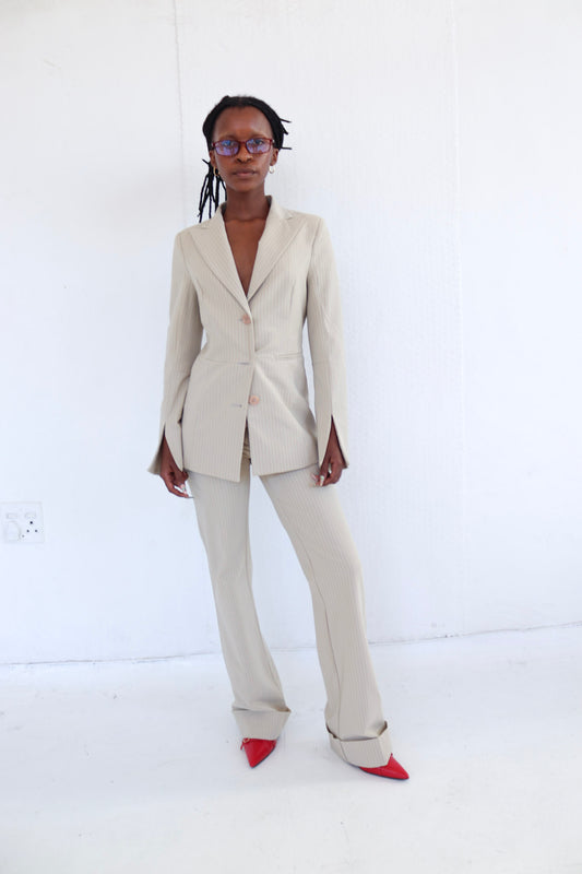 Beige Pinstripe Suit Set