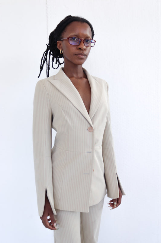 Beige Pinstripe Suit Set